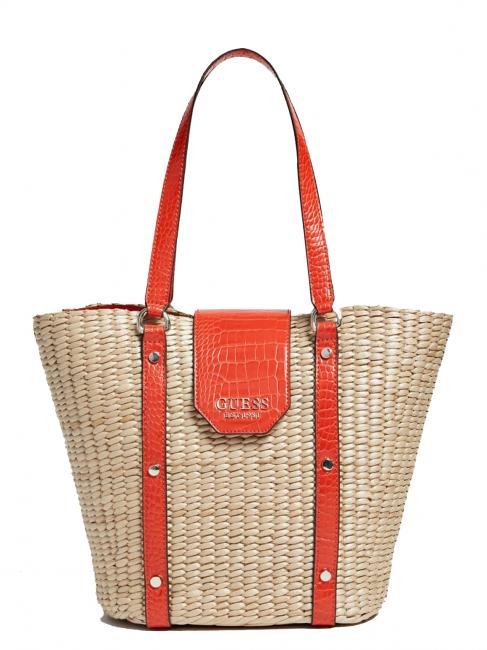 GUESS PALOMA Tote Shoulder bag- Shopper in natural rattan and polyurethane - Double flat handle with crocodile print - Closure with magnetic clip - Logo lettering applied on the flap - Gold-colored metal studs orange - Women’s Bags