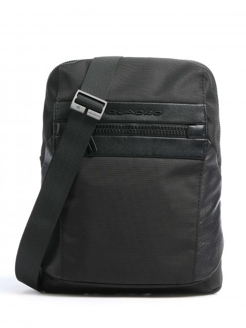 PIQUADRO WOODY Bag in leather and recycled fabric, iPad® holder Black - Over-the-shoulder Bags for Men