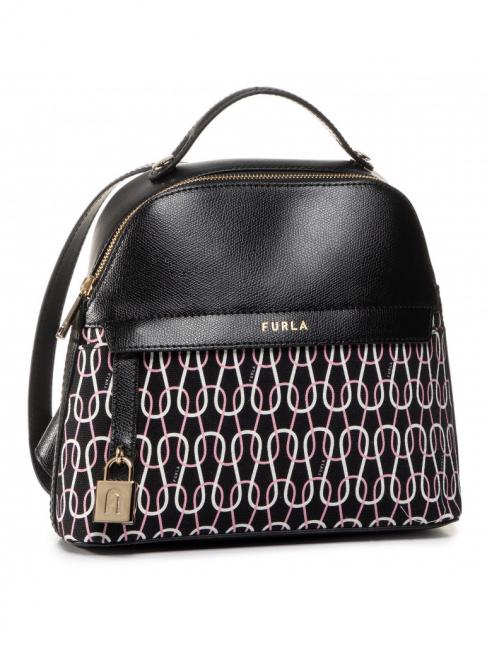 FURLA PIPER Chain print canvas and leather backpack black + talc + light pink - Women’s Bags
