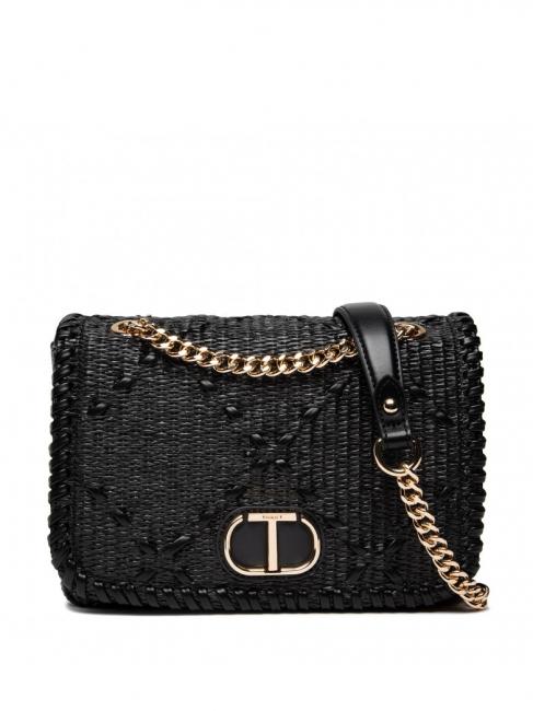 TWINSET STRAW EMBROIDERY Small shoulder bag with flap black - Women’s Bags