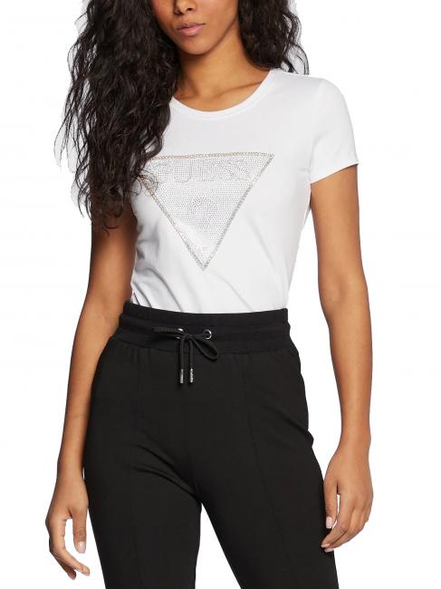GUESS TRIANGLE CRYSTAL LOGO Cotton T-shirt with rhinestones purwhite - T-shirt