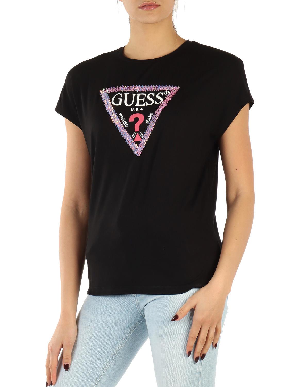 Guess 3D Flowers Triangle T Shirt With Application Jetbla Buy At Outlet Prices