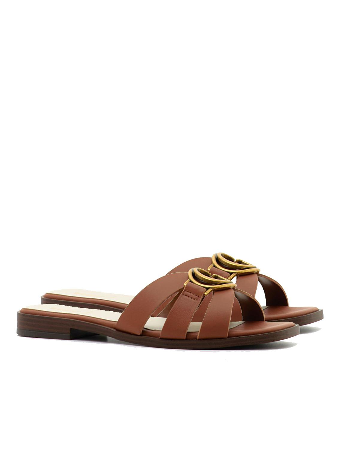Guess Symo Flat Leather Sandals Cognac Buy At Outlet Prices