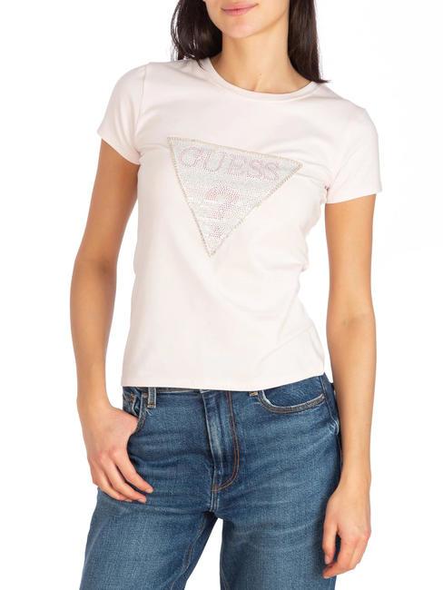 GUESS TRIANGLE CRYSTAL LOGO Cotton T-shirt with rhinestones low key pink - T-shirt