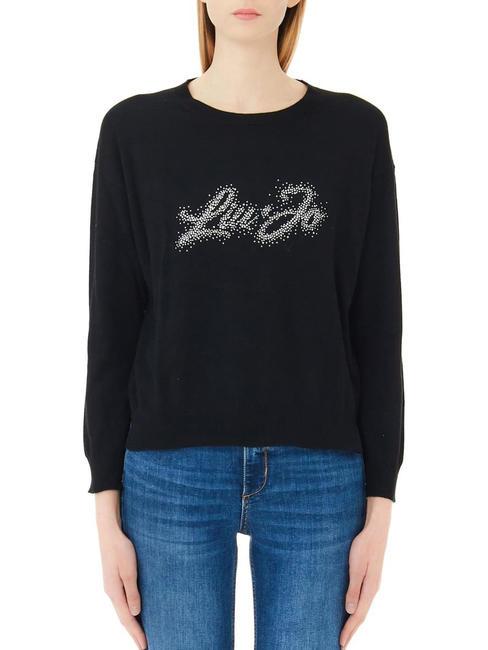 LIUJO STRASS LOGO Wool blend crew neck sweater black logo - Women's Sweaters