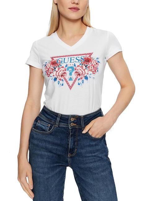 GUESS ROSES TRIANGLE T-shirt with rose print purwhite - T-shirt