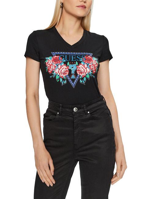 GUESS ROSES TRIANGLE T-shirt with rose print jetbla - T-shirt