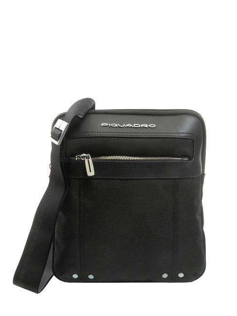 PIQUADRO LINK Leather and fabric bag black - Over-the-shoulder Bags for Men