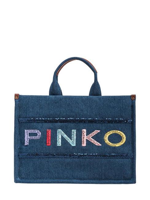 PINKO LOGO PAILLETETS Double handle denim bag blue-antique gold denim - Women’s Bags