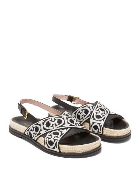 COCCINELLE MONOGRAM RIBBON Sandals in leather and jacquard fabric noir/noir-ecru - Women’s shoes