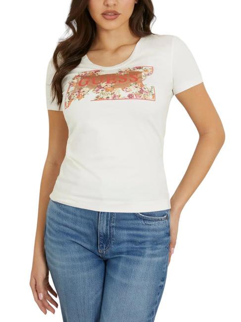 GUESS LOGO FLOWERS Stretch cotton T-shirt cremwhi - T-shirt