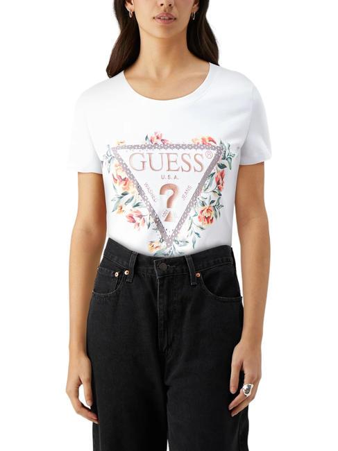 GUESS TRIANGLE FLOWERS Stretch cotton T-shirt purwhite - T-shirt