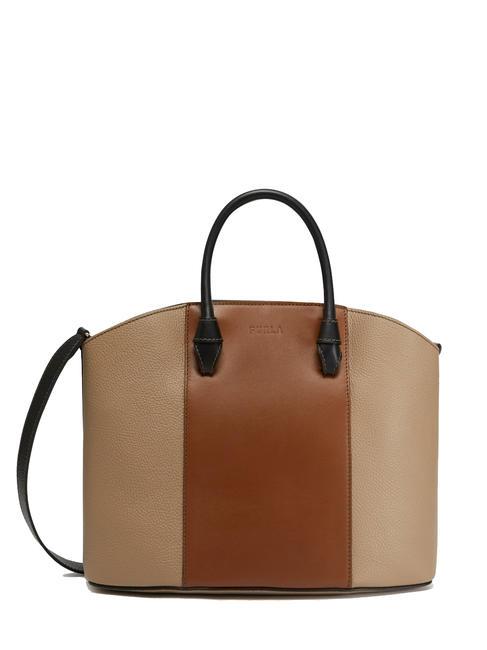 FURLA MIASTELLA Leather tote bag with shoulder strap greige+cognac h+black - Women’s Bags