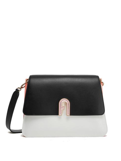 FURLA GEMMA Leather shoulder bag with flap black+talc h+grapefruit - Women’s Bags