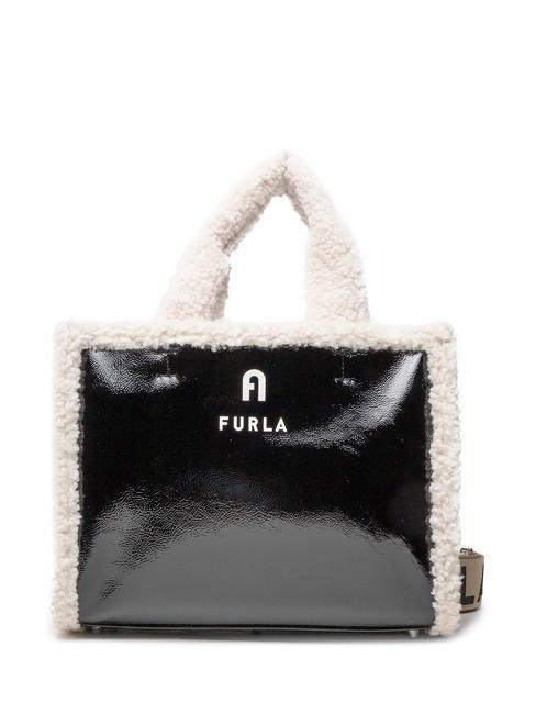 FURLA OPPORTUNITY Hand tote bag with shoulder strap white cotton+black+black rope - Women’s Bags