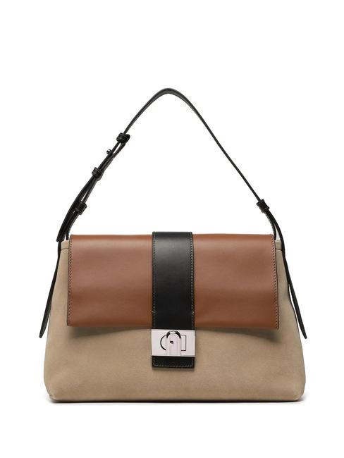 FURLA CHARLOTTE Leather shoulder bag greige+cognac h+black - Women’s Bags
