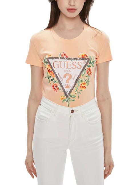 GUESS TRIANGLE FLOWERS Stretch cotton T-shirt peach sky - T-shirt