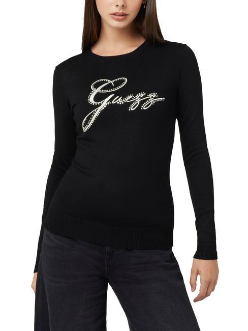 GUESS OLIVE Crewneck sweater with rhinestones jetbla - Women's Sweaters