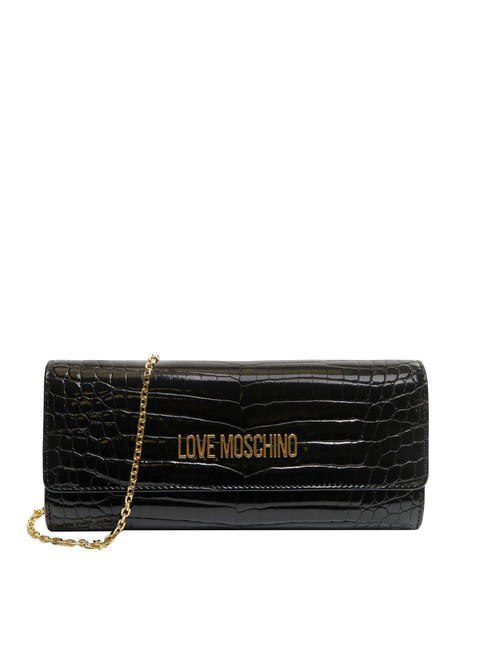 LOVE MOSCHINO SHINY CROCO Slim clutch with metal shoulder strap Black - Women’s Bags