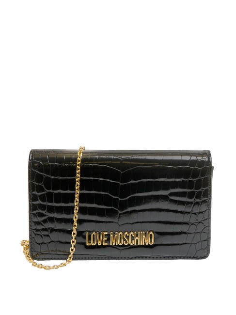 LOVE MOSCHINO SHINY CROCO Clutch with metal shoulder strap Black - Women’s Bags