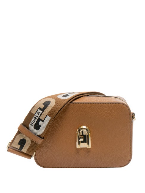 FURLA GARDENIA Camera case bag in keria print leather brandy+cognac tones - Women’s Bags