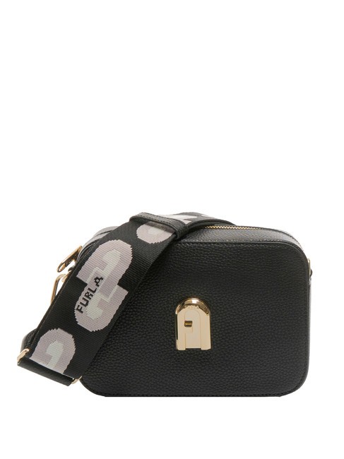 FURLA GARDENIA Camera case bag in keria print leather black+ice tones - Women’s Bags