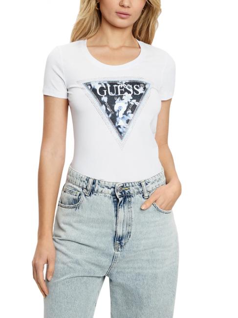 GUESS SS CN TRIANGLE FLOWER Cotton T-Shirt purwhite - T-shirt