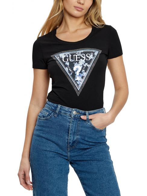 GUESS SS CN TRIANGLE FLOWER Cotton T-Shirt jetbla - T-shirt