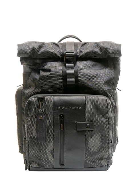 PIQUADRO BRIEF 2 Leather and fabric roll-top backpack black reflective camouflage - Laptop backpacks