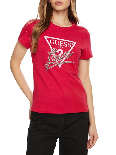 GUESS SS CN TRIANGLE LOVE Cotton T-Shirt wild red - T-shirt
