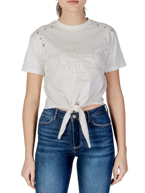 GUESS CN SS EYELET T-shirt with knot and ruffles cremwhi - T-shirt