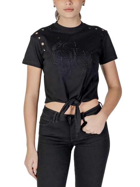 GUESS CN SS EYELET T-shirt with knot and ruffles jetbla - T-shirt