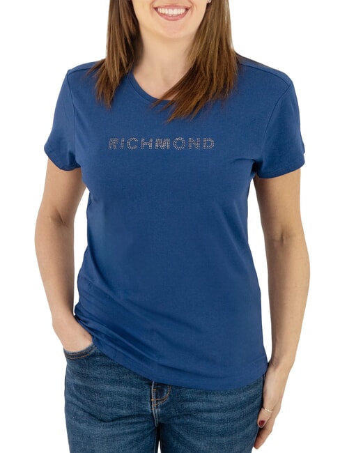 JOHN RICHMOND MECHI Stretch T-shirt rhinestone logo blue - T-shirt