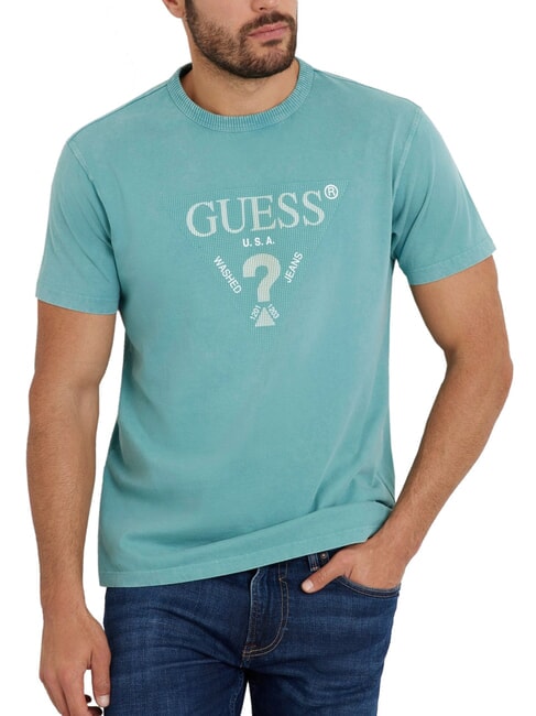 GUESS TRIANGLE Cotton T-shirt with print soft teal - T-shirt