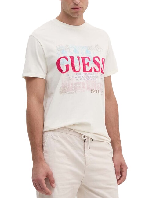 GUESS WORLD STAMPS Cotton T-shirt pearl white multi - T-shirt