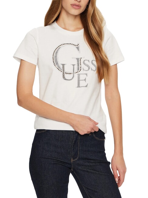 GUESS STUDDED Cotton T-shirt rhinestone logo purwhite - T-shirt