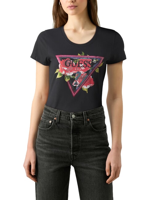 GUESS TRIANGLE Floral Print T-Shirt jetbla - T-shirt