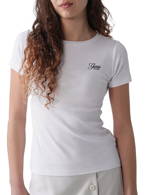 GUESS JEANS SS CN EMBRO SLIM Stretch cotton T-shirt purwhite - T-shirt
