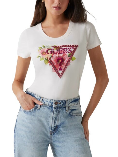 GUESS SS CN TRIANGLE Floral triangle logo t-shirt cremwhi - T-shirt