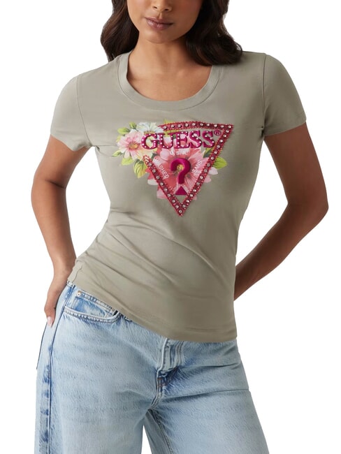GUESS SS CN TRIANGLE Floral triangle logo t-shirt sage leaf - T-shirt