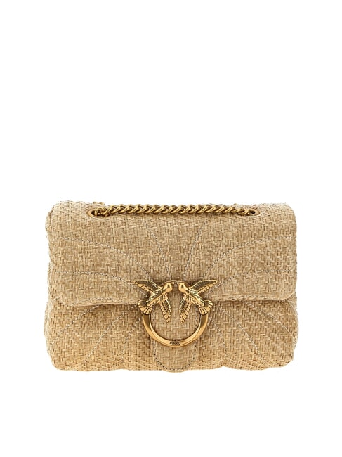 PINKO LOVE PUFF Mini shoulder bag in raffia beige-smoky gray-antique gold - Women’s Bags
