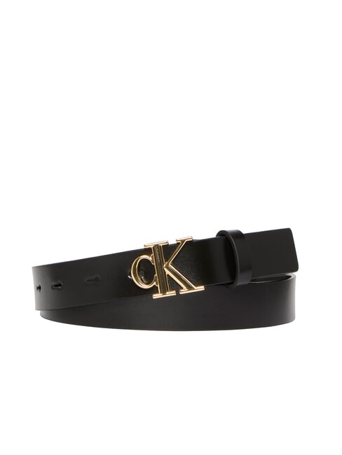 CALVIN KLEIN MONOGRAM BUCKLE Leather belt with metal logo on black - Belts