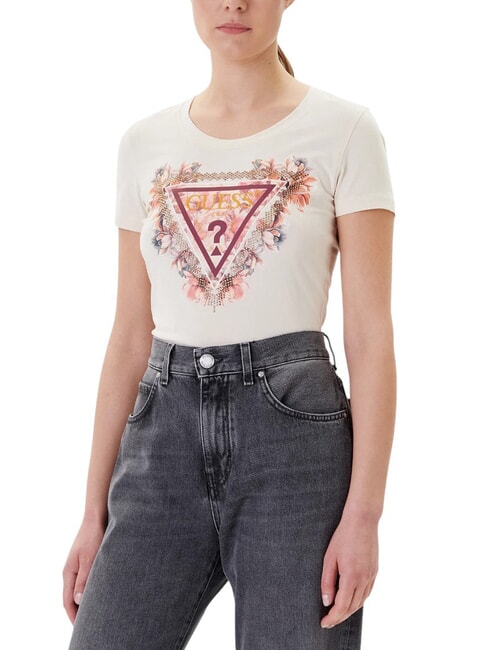 GUESS TRIANGLE FLOWERS Stretch T-shirt with print vanilla blush - T-shirt