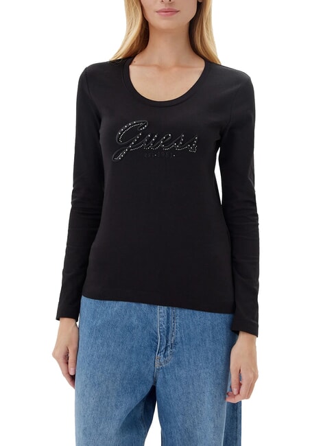 GUESS EMBRO SCRIPT LOGO Long sleeve T-shirt with logo and rhinestones jetbla - T-shirt