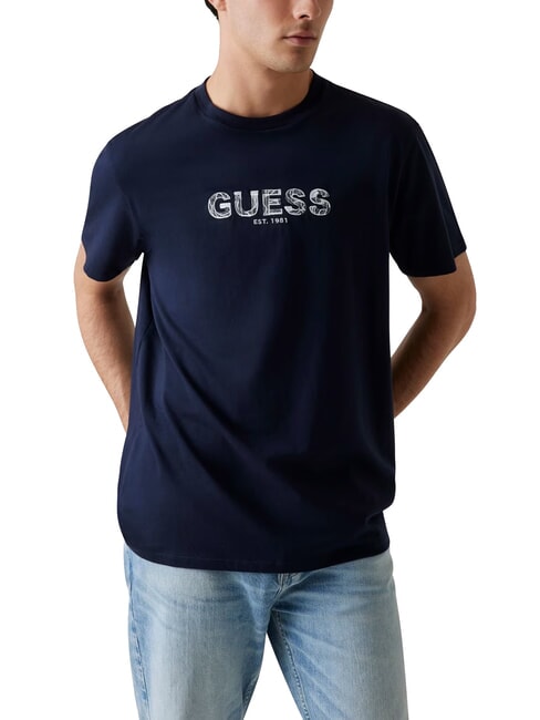 GUESS BSC EMBROIDERY LOGO Cotton T-shirt with embroidered logo smart blue multi - T-shirt