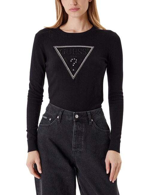 GUESS KIARA TRIANGLE LOGO Crewneck sweater with rhinestones jetbla - Women's Sweaters