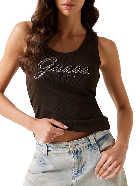 GUESS RAISSA LOGO Tank top with rhinestone logo espresso brown - T-shirt