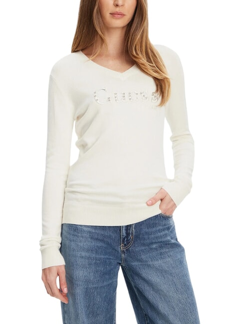 GUESS KENZIE LOGO V-neck sweater cremwhi - Women's Sweaters