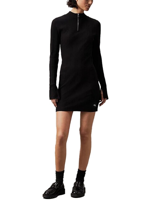 CALVIN KLEIN CK JEANS Short ribbed dress with long sleeves ck black - Woman Clothes