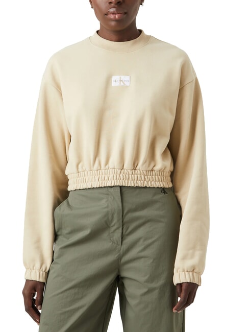 CALVIN KLEIN CK JEANS Cropped crewneck sweatshirt with elastic pale khaki - Women's Sweatshirts
